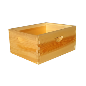 Wooden medium beehive box (super) with handhold cutout, used to house frames for honey storage in a beehive.