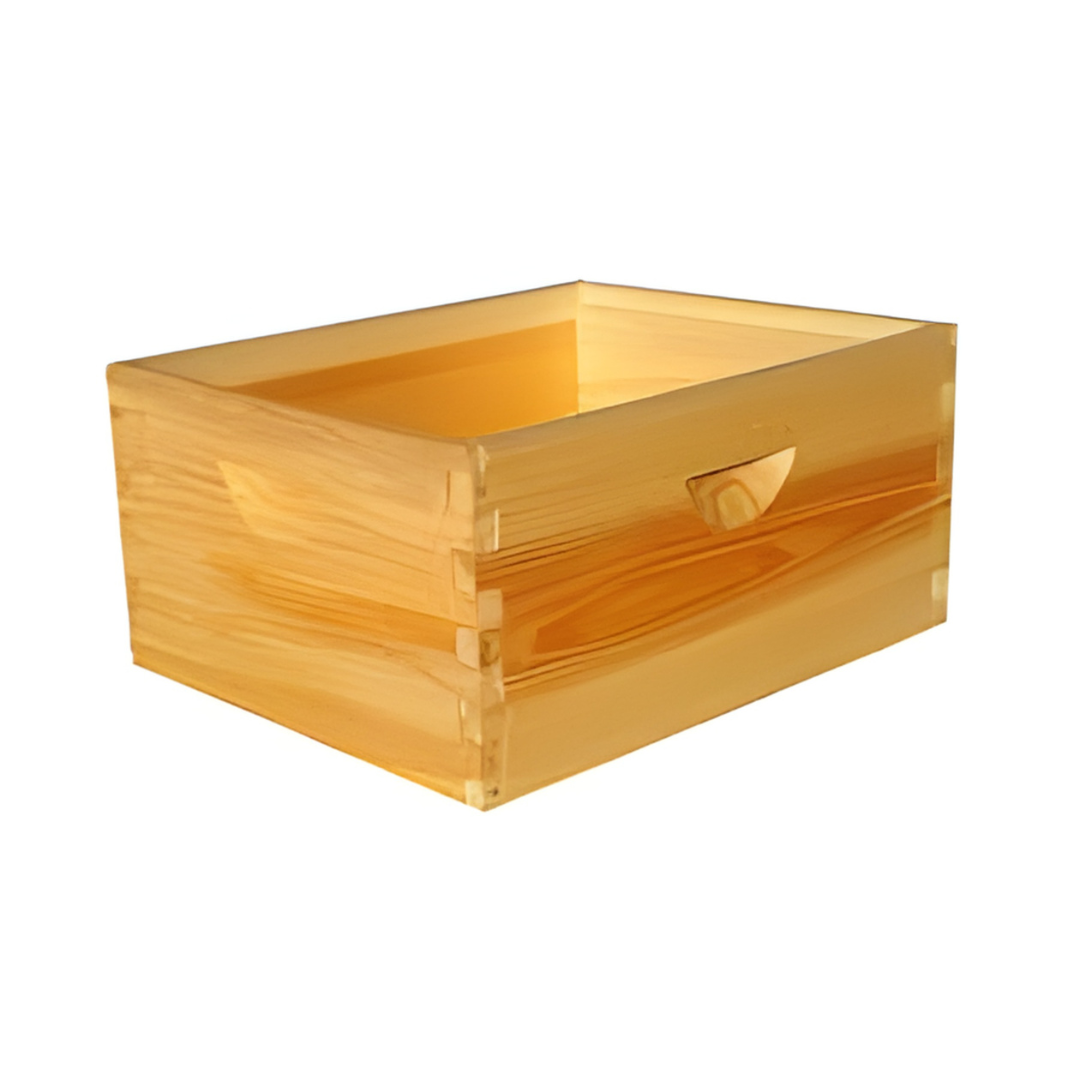 Wooden medium beehive box (super) with handhold cutout, used to house frames for honey storage in a beehive.