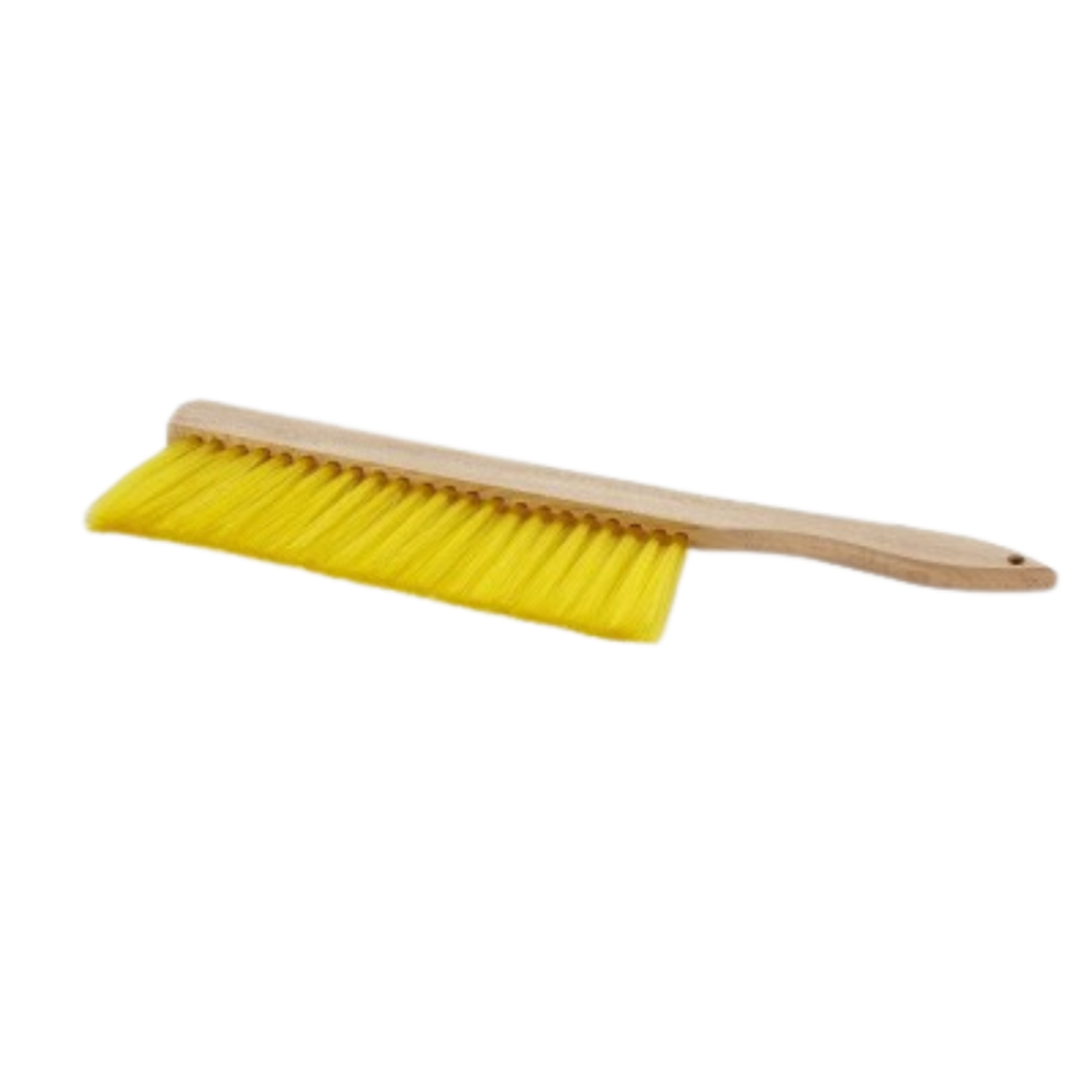 Bee brush with a smooth wooden handle and soft yellow bristles, designed for gently removing bees from honey frames.