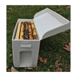 White nucleus hive box (nuc box) with lid open, showing frames and bees inside, used for starting or transporting small bee colonies.