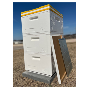 Stacked insulated beehive boxes with lid and frames leaning against the hive, used for housing and managing bee colonies outdoors.