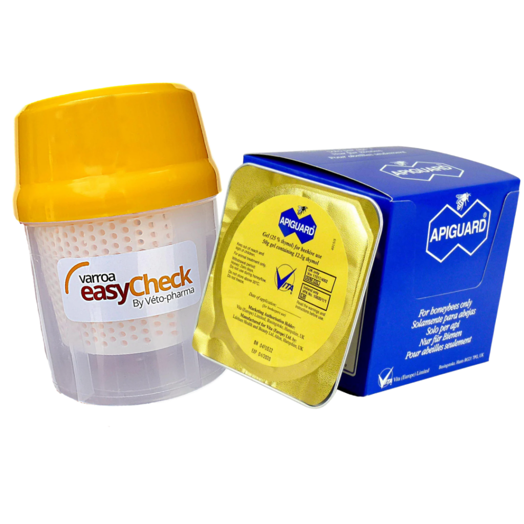 Beekeeping varroa mite treatment products including Apiguard gel and EasyCheck testing container used for monitoring and controlling mite levels in bee colonies.