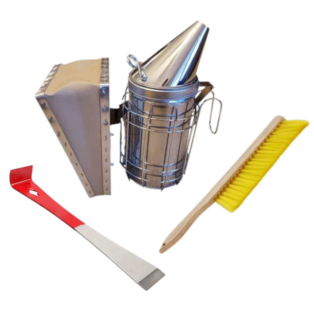 Beekeeping tools including a smoker, hive tool, bee brush, and bellows used for hive inspections and honey harvesting.