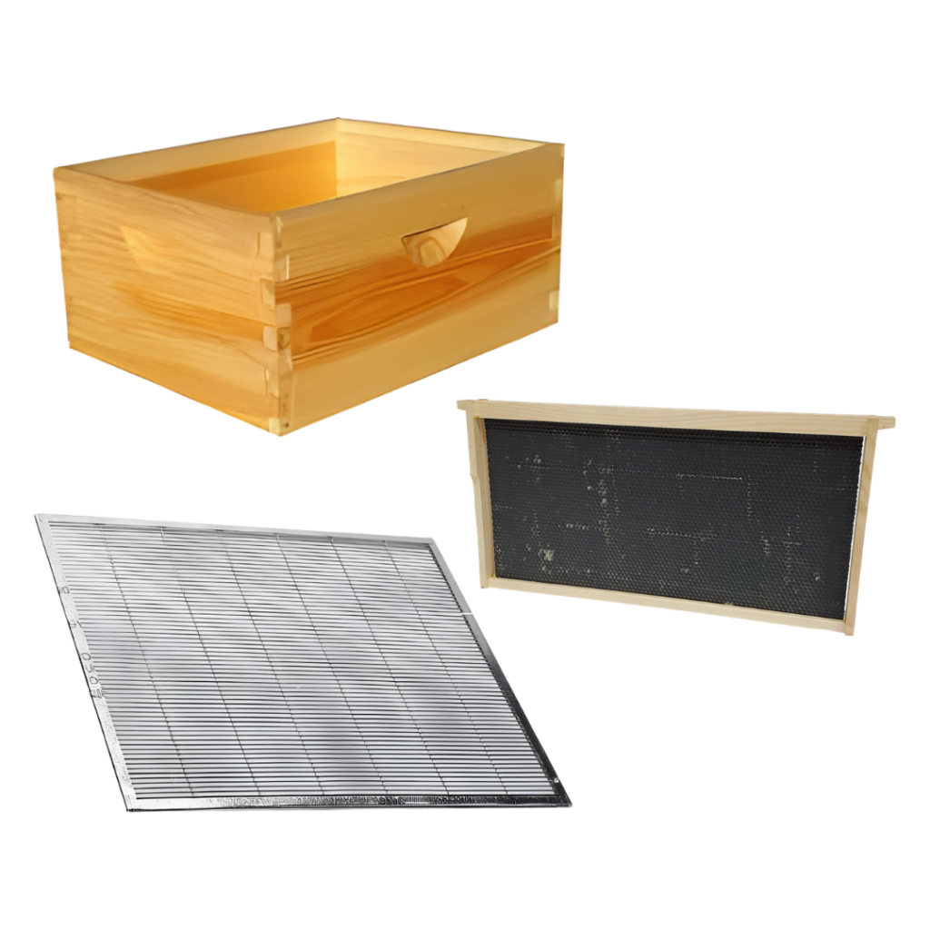 Beekeeping deep hive box kit including a wooden hive box, assembled frame with foundation, and metal queen excluder used for hive setup.