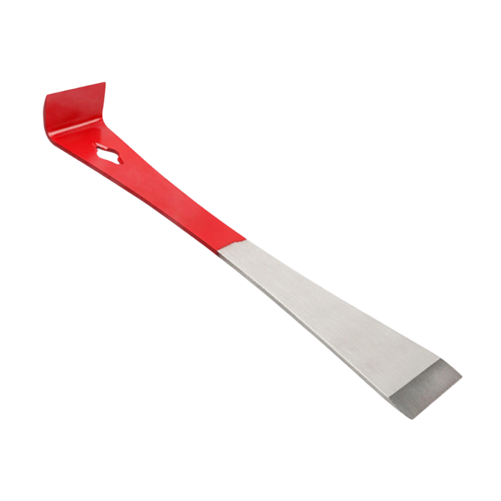 Beekeeping hive tool with a red handle and flat metal blade, used for prying apart frames and scraping wax or propolis.