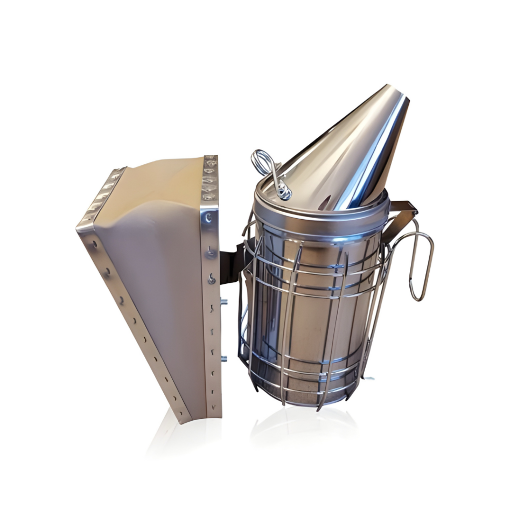 Stainless steel bee smoker with a protective heat shield and cone lid, used to calm bees during hive inspections.