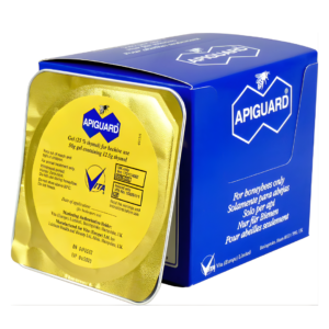 Apiguard varroa mite treatment gel pack with yellow gel tray and blue box packaging, used for controlling mites in beehives.