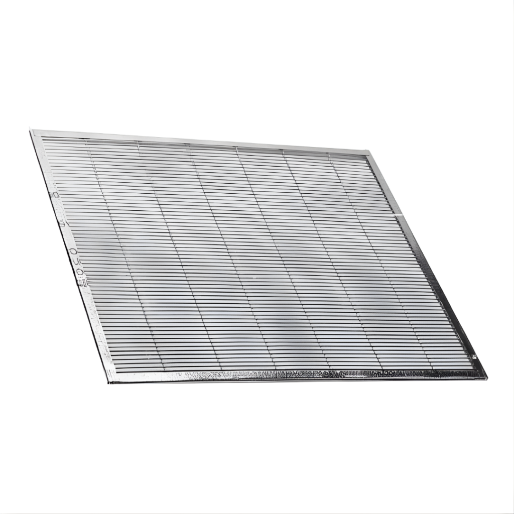 Metal queen excluder grid used in beehives to prevent the queen bee from entering honey supers while allowing worker bees through.